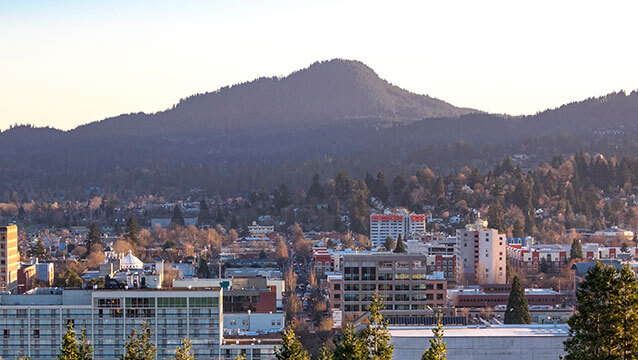 An aerial view of Eugene. Find out how to contact the Eugene, Oregon, office of Harder, Wells, Baron and Manning.