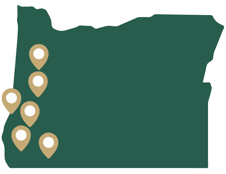 A map of Oregon with icons indicating the offices of Wells, Manning, Eitenmiller, and Taylor.